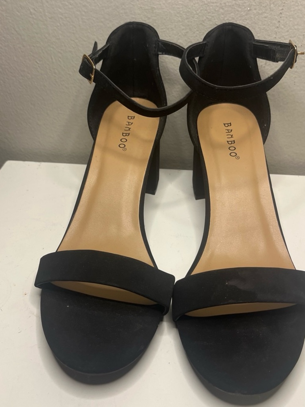 BAMBOO Black Ankle-Strap Block Heels